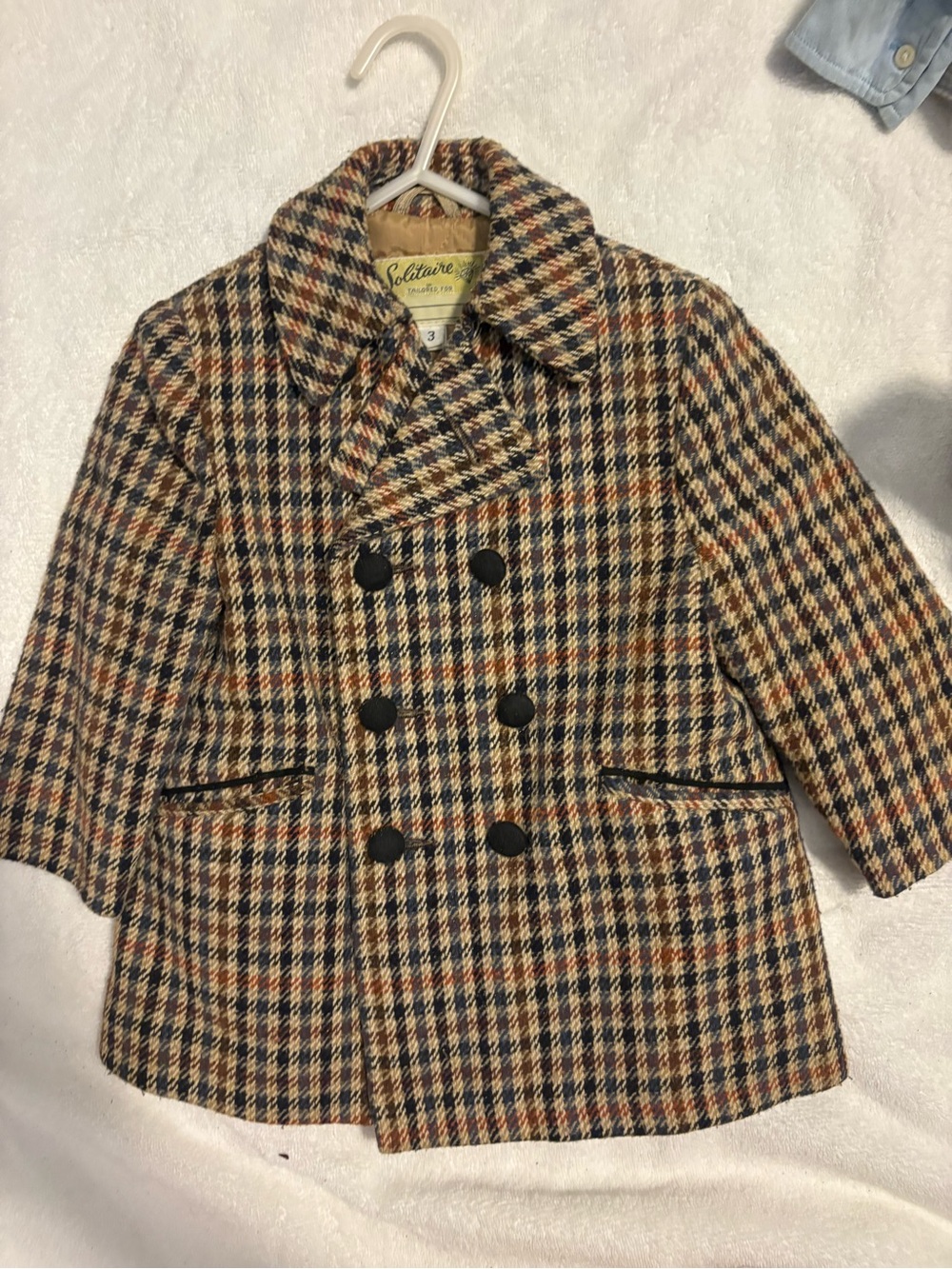Solitaire Kids Plaid Double-Breasted Peacoat in Tan, Navy & Brown